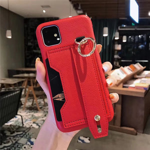 Tikitaka With Wrist Strap Card Slot Leather Case For iPhone11Pro Max XR XS Max Litchi Skin Stand Cover For iPhone 8 6S 6 7 Plus